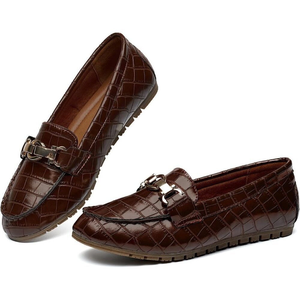 Womens Chocolate Leather Slip On Comfort Chunky Heel Lug Sole Loafers Shoes